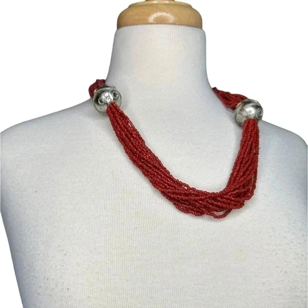 Coral beads beaded necklace red silver unique bulky layered women’s jewelry